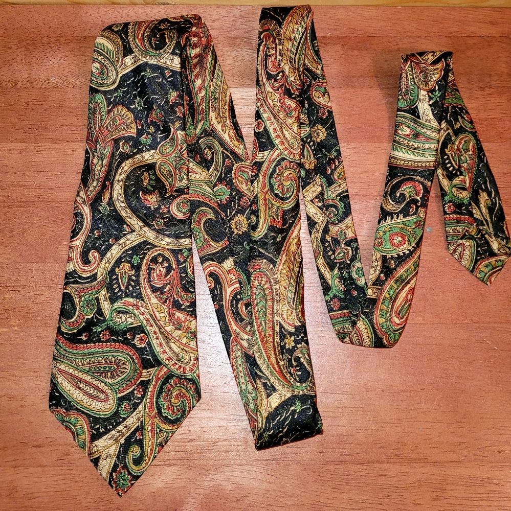Vintage Paisley Tie Hand Woven Pure Silk Black, Tan, Burgundy & Green by Exotic